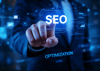 Business professional interacting with a digital SEO interface, representing semantic SEO, search intent optimization, and modern search engine evaluation beyond keywords.