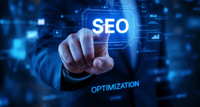 Business professional interacting with a digital SEO interface, representing semantic SEO, search intent optimization, and modern search engine evaluation beyond keywords.
